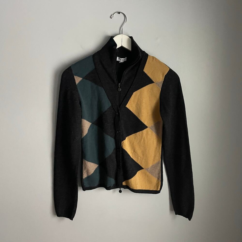Akris Punto Argyle Cardigan Preppy Office Quiet Luxury Academia Grey Yellow sz 6